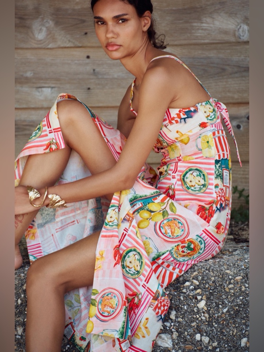 Zara Floral Pink Lemon Print Maxi Dress - Italy Inspired Summer Linnen Dress - Picture 4 of 11